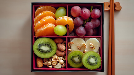 Healthy fruit bento box with oranges kiwi grapes and nuts for a nutritious snack or dessert idea