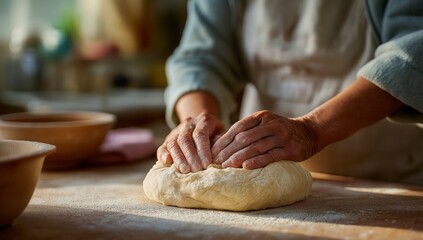 Homemade Bread Baking – hands kneading dough with calm focus, artisan rustic kitchen lighting, cinematic close-up style, food storytelling for recipe blogs, bakery marketing, cooking courses, and