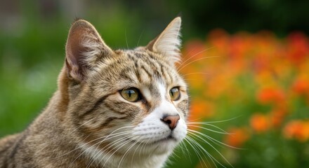 A tabby cat gazes intently to the right, with a blurred green and orange floral background