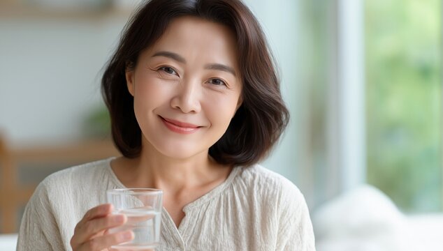 woman drinking water at home, gentle smile, soft natural light portrait, clean lifestyle wellness visual for hydration, health marketing and healthcare