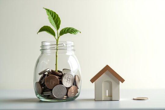 A small house model sits beside a glass jar filled with coins and nurturing a green sprout symbolizing growth, savings, and home ownership through financial planning.