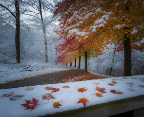 Snowy Path with Autumn Leaves
