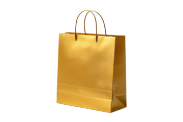 Single golden shopping bag with twisted handles on black background metallic, Png, Isolated on Transparent Background, Cut Out