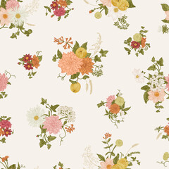Vintage seamless floral pattern featuring autumnal blooms berries and apples. Ideal for wallpaper, textiles and design projects