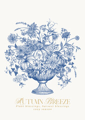 Obraz premium Elegant blue-and-white botanical illustration of a floral autumn bouquet with pumpkins, gourds, and wildflowers in a vintage urn.