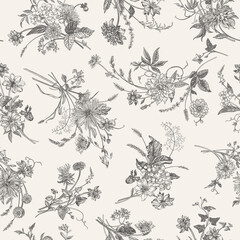 Elegant vintage floral seamless pattern. Detailed botanical illustrations with classic flower arrangements: chrysanthemums, dahlias, berries, herbs and spikelets.  Black and white.