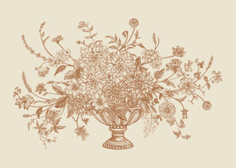 Floral arrangement with twisting herbaceous vines, dahlias, asters, zinnias, spikelets, and honeysuckle berries. Vector botanical illustration. Greeting card with flowers in an engraving style in brow