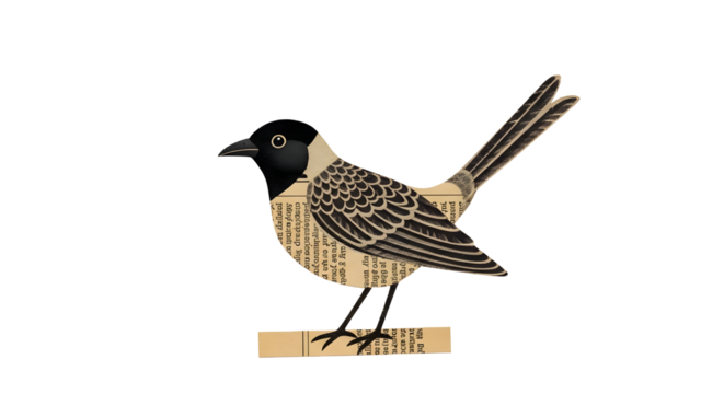 Creative mixed media bird illustration in retro paper style on transparent background