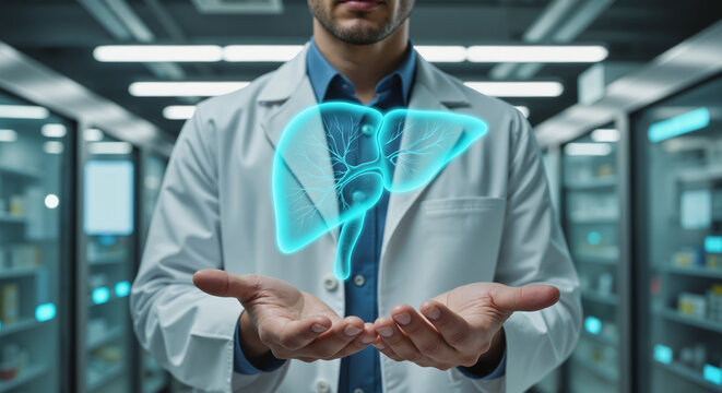 Medical Professional Examining Digital Liver Model – 3D Visualization of Hepatic Organ for Healthcare Education, Liver Disease Awareness, and World Hepatitis Day Campaigns