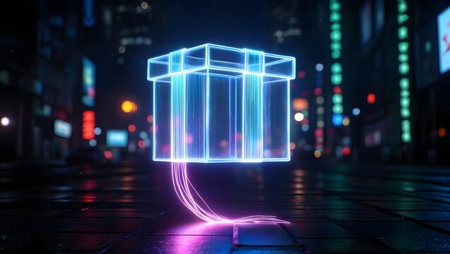Futuristic neon gift box floating in a cyberpunk cityscape