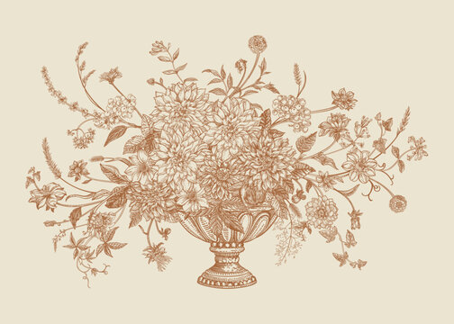Floral arrangement with twisting herbaceous vines, dahlias, asters, zinnias, spikelets, and honeysuckle berries. Vector botanical illustration. Greeting card with flowers in an engraving style in brow