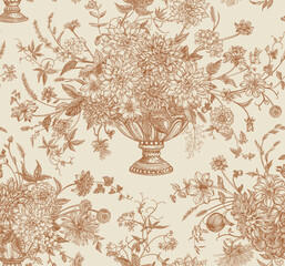 Obraz premium Seamless pattern with floral arrangements with climbing herbaceous vines, dahlias, asters, zinnias, spikes, and honeysuckle berries. Vector botanical illustration. Brown engraving-style background