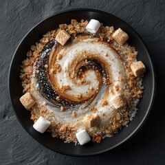 Milky Way Dessert. A dark bowl holds a swirling Milky Way like mixture of cream and chocolate, accented with round marshmallows positioned like planets.