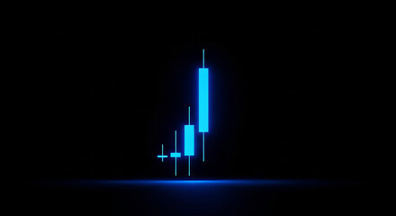 Neon Blue Candlestick Chart Showing Upward Trend on Dark Background, Financial Trading Data Visualization