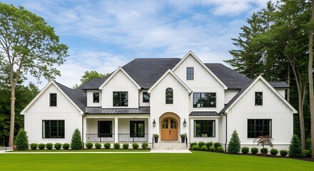 Modern luxury farmhouse style home exterior with lush green lawn and sunny blue sky