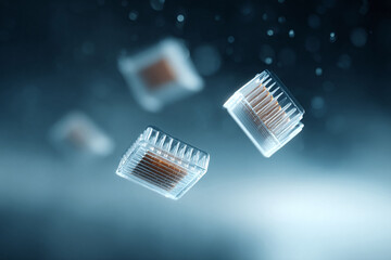 Abstract image showcasing translucent containers with filling, suspended in a blurred, ethereal space. Evokes innovation, technology, or medical concepts. Clean, minimal style.