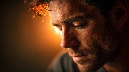 Man looking down with warm backlight creating halo of thoughtfulness 