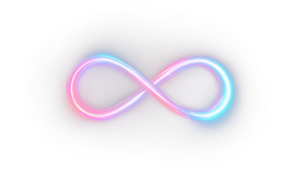 Abstract futuristic digital art showing glowing neon infinity symbol and luminous visual motion.
