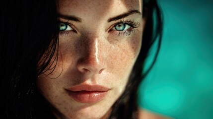 a close-up portrait of an exotic woman with dark hair and blue eyes, illuminated by soft natural light against the backdrop of turquoise water
