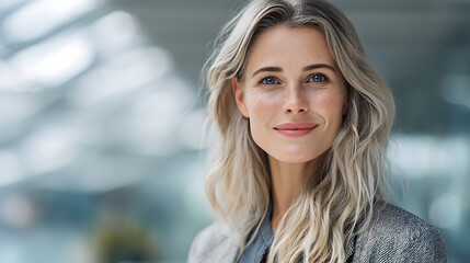 Obraz premium Professional headshot portrait of a blonde woman in business attire for corporate branding needs