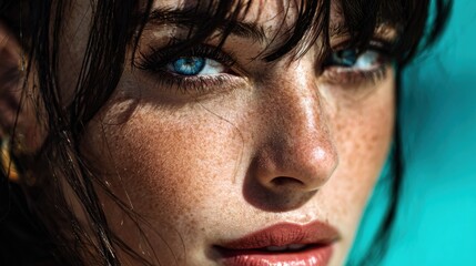 a close-up portrait of an exotic woman with dark hair and blue eyes, illuminated by soft natural light against the backdrop of turquoise water
