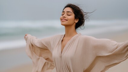 Sweet Embrace young woman on beach with gentle smile and open arms, natural light lifestyle portrait expressing freedom, calm wellness and mindfulness, ideal for inspirational branding and self-care