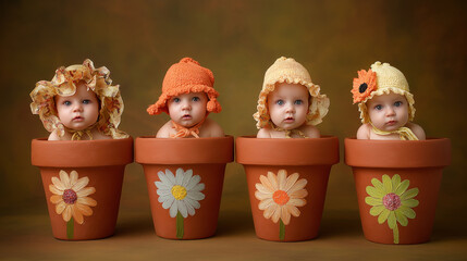 Bébés mignons dans pots de fleur