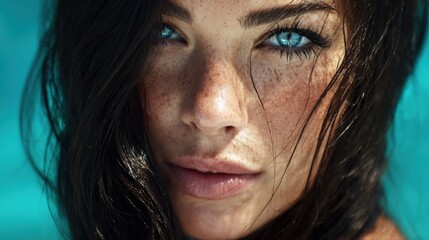 a close-up portrait of an exotic woman with dark hair and blue eyes, illuminated by soft natural light against the backdrop of turquoise water
