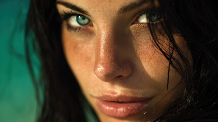 a close-up portrait of an exotic woman with dark hair and blue eyes, illuminated by soft natural light against the backdrop of turquoise water
