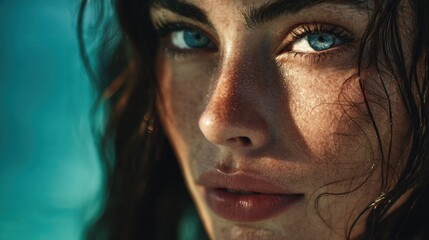 a close-up portrait of an exotic woman with dark hair and blue eyes, illuminated by soft natural light against the backdrop of turquoise water
