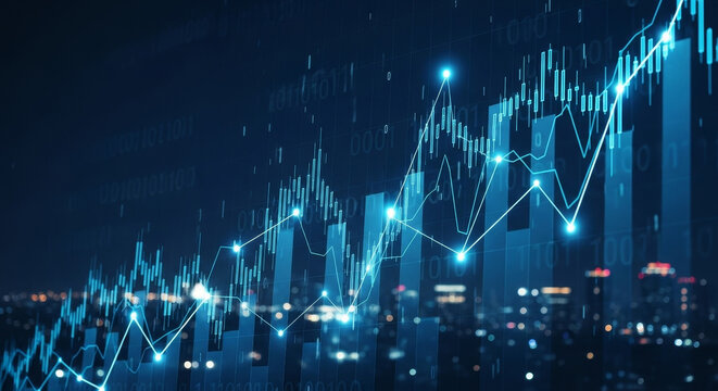 Futuristic Blue Digital Financial Graph with Ascending Trend Over City Skyline at Night, Binary Code Background