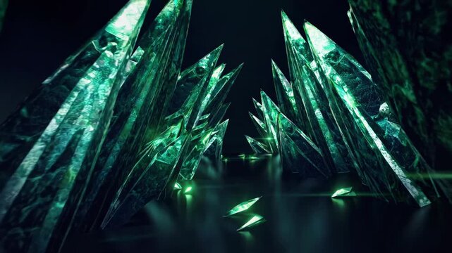 Shimmering emerald green crystal formations on a dark reflective surface create a mystical atmosphere