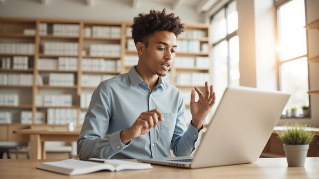 Young Person Using Sign Language – Cheerful Student Communicating via Video Call on Laptop for Digital Accessibility, Deaf Education, and International Day of the Deaf Awareness