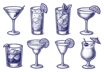Vintage Cocktail Glasses Illustration Set – Hand-Drawn Drink Collection