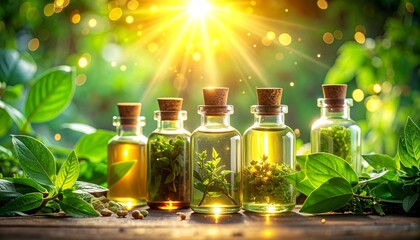 A serene wellness scene with glowing herbal bottles, fresh green leaves, and radiant light particles symbolizing magical healing energy in a calm atmosphere