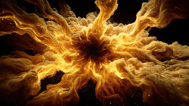 Fiery golden liquid swirling and expanding outward in intricate abstract patterns with glowing ember-like particles floating within a dark background setting