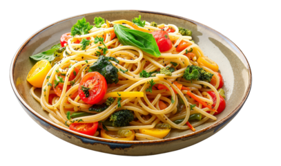 Pasta Salad PNG – Spaghetti with Cherry Tomatoes, Bell Peppers, and Broccoli for Food Blogs and Recipe Presentations
