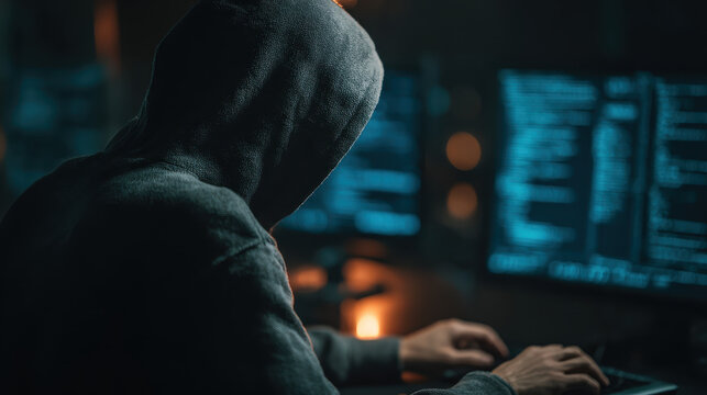 Hacker wearing dark hoodie typing on keyboard in dimly lit room with multiple monitors displaying blue code lines and cyber security digital data analysis