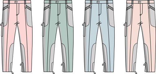 Collection of women's cargo pants technical flat sketches. Apparel design template with multiple colorways for outdoor utility trousers