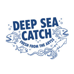 Obraz premium Deep Sea Catch Emblem. Retro Seafood Badge Design. Vintage Fishery Vector Art. Ocean Life Graphic Print. Squid and Fish Illustration