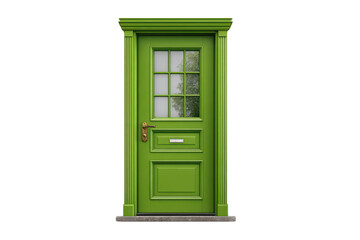 Green wooden door with glass pane and brass handle on black background image, Png, Isolated on Transparent Background, Cut Out