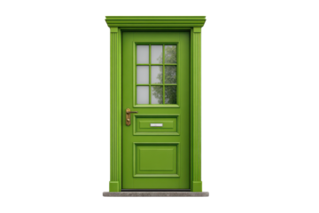Green wooden door with glass pane and brass handle on black background image, Png, Isolated on Transparent Background, Cut Out