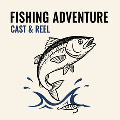 Retro Fishing Badge Design. Jumping Game Fish Illustration. Cast and Reel Adventure Emblem. Vintage Hand-drawn Fish Art. Outdoor Sport Fishing Logo