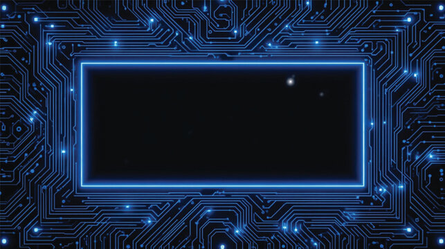 Blue Futuristic Technology Background with Neon PCB Lines and Empty Center.