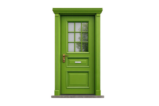 Green wooden door with glass pane and brass handle on black background image, Png, Isolated on Transparent Background, Cut Out