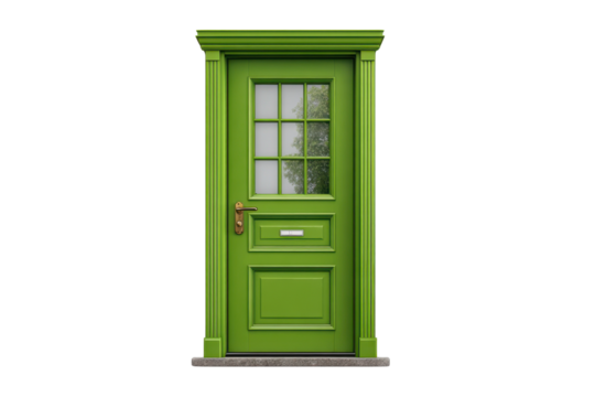 Green wooden door with glass pane and brass handle on black background image, Png, Isolated on Transparent Background, Cut Out