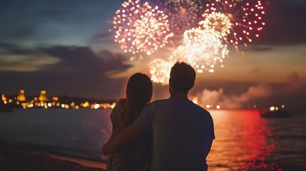 Couple embracing while watching fireworks over the water at night in a romantic setting