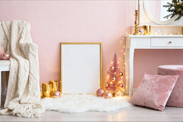 Pink Cozy Christmas Interior With Lights And Frame