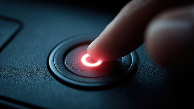 Finger pressing glowing red power button starting device