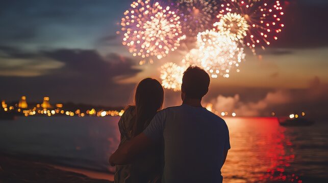 Couple embracing while watching fireworks over the water at night in a romantic setting - Powered by Adobe